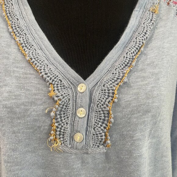 Free People Top Womens Blue Crochet Embroidered Henley Boho Tunic Shirt - Picture 3 of 11